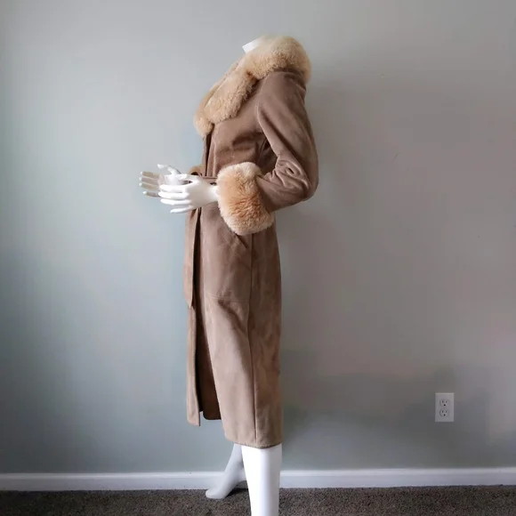 Vtg 70s Almost Famous Shearling Collar Cuffs Suede Maxi Wrap Trench Coat XS S - Picture 5 of 7